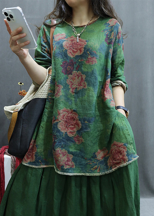 New Green Print Side Open Linen Blouse Spring Gg055