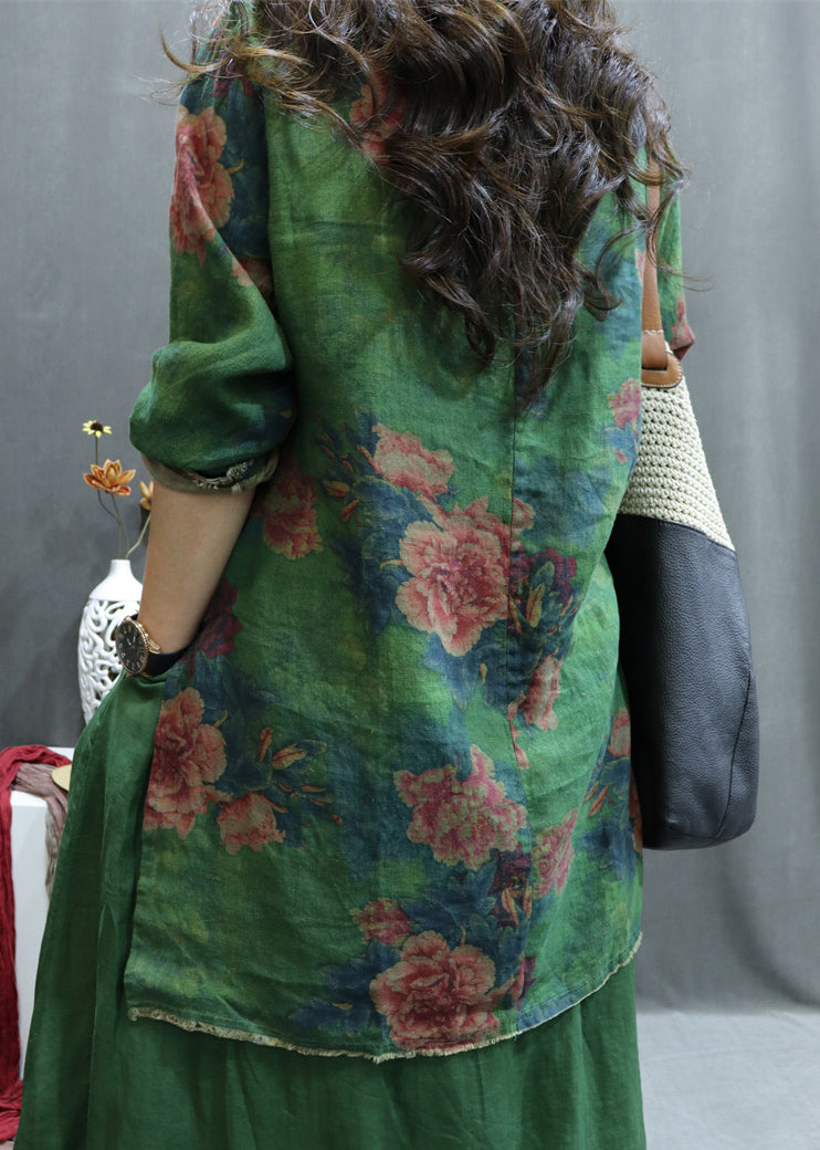 New Green Print Side Open Linen Blouse Spring Gg055