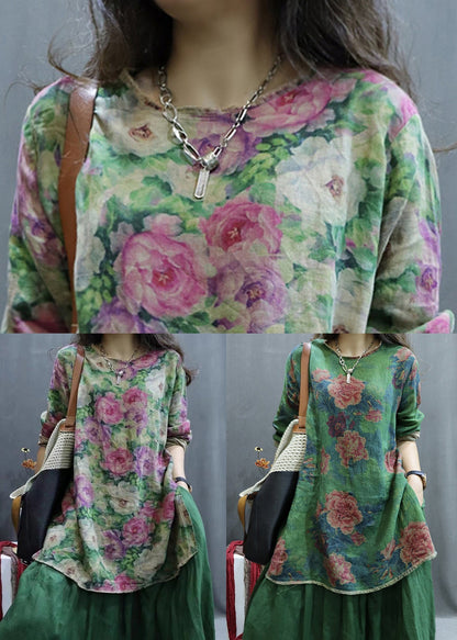 New Green Print Side Open Linen Blouse Spring Gg055