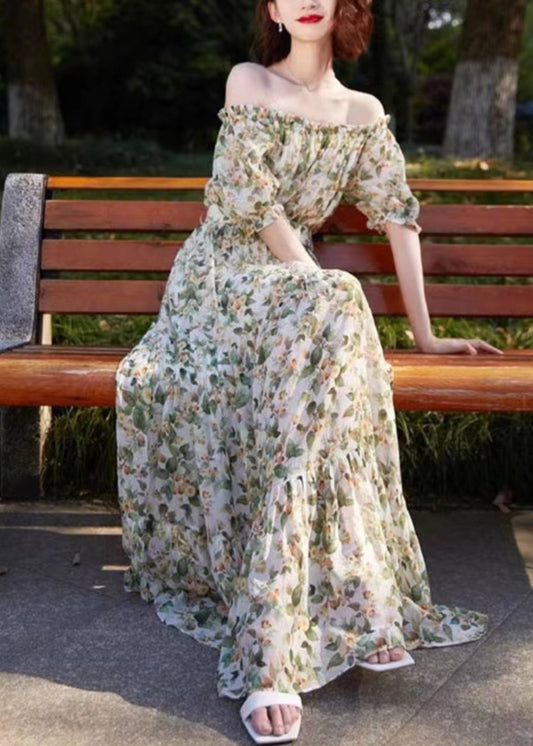 New Green Ruffled Print Cotton Maxi Dresses Summer Kj012