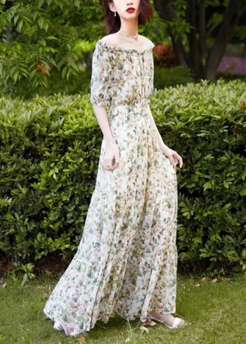 New Green Ruffled Print Cotton Maxi Dresses Summer Kj012