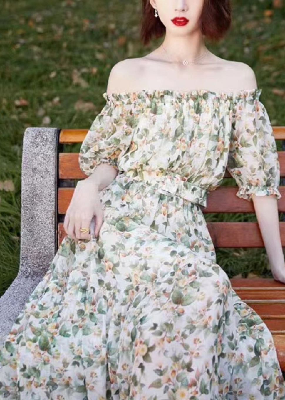 New Green Ruffled Print Cotton Maxi Dresses Summer Kj012