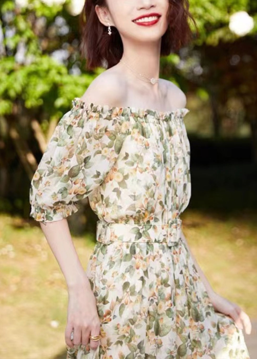 New Green Ruffled Print Cotton Maxi Dresses Summer Kj012