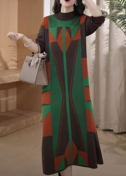 New Green Turtleneck Geometric Knit Sweater Dress Winter Rf043
