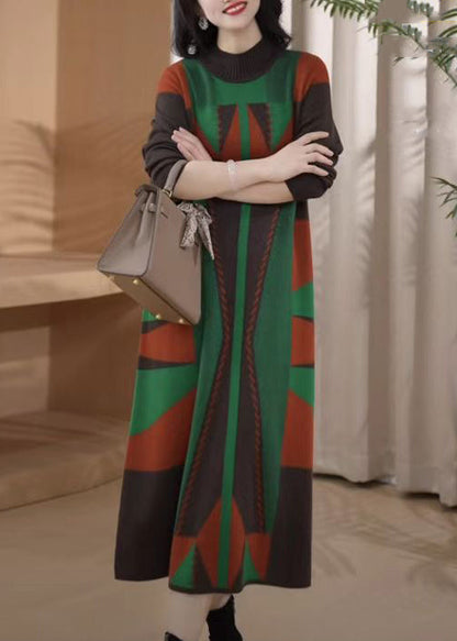 New Green Turtleneck Geometric Knit Sweater Dress Winter Rf043