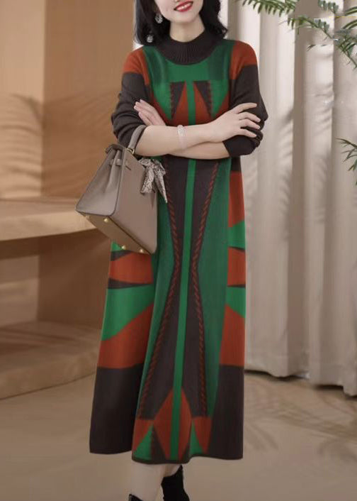 New Green Turtleneck Geometric Knit Sweater Dress Winter Rf043
