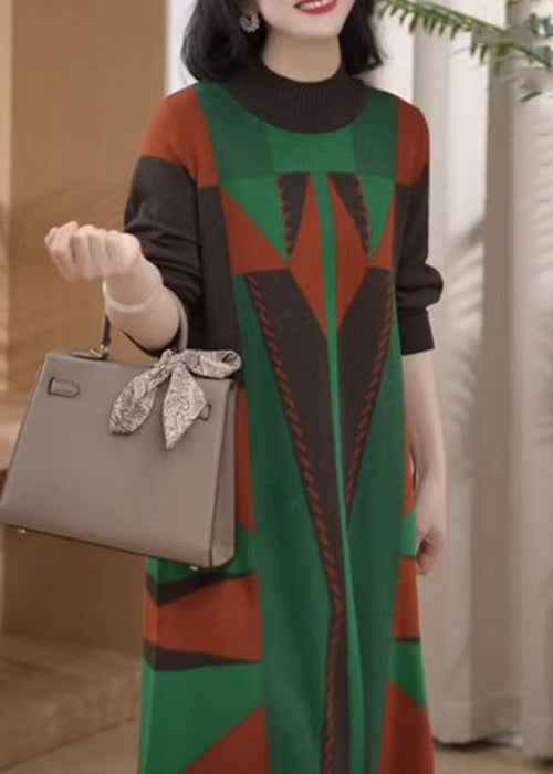 New Green Turtleneck Geometric Knit Sweater Dress Winter Rf043