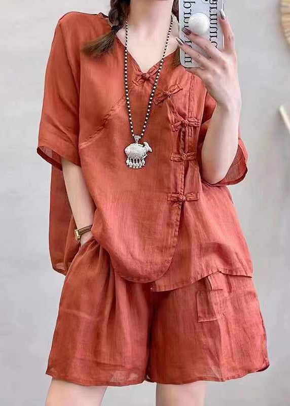 New Green V Neck Button Linen Two-piece Set Summer Re024