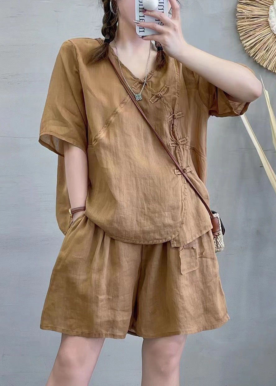 New Green V Neck Button Linen Two-piece Set Summer Re024