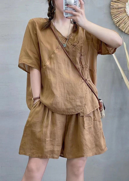 New Green V Neck Button Linen Two-piece Set Summer Re024
