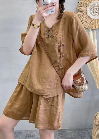 New Green V Neck Button Linen Two-piece Set Summer Re024