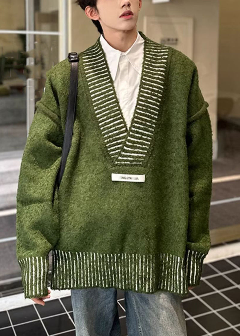 New Green V Neck Cozy Knit Sweaters Fall Qh022