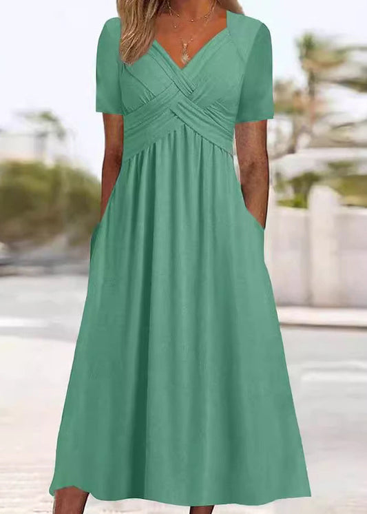 New Green V Neck Pockets Cotton Long Dress Summer Qa026