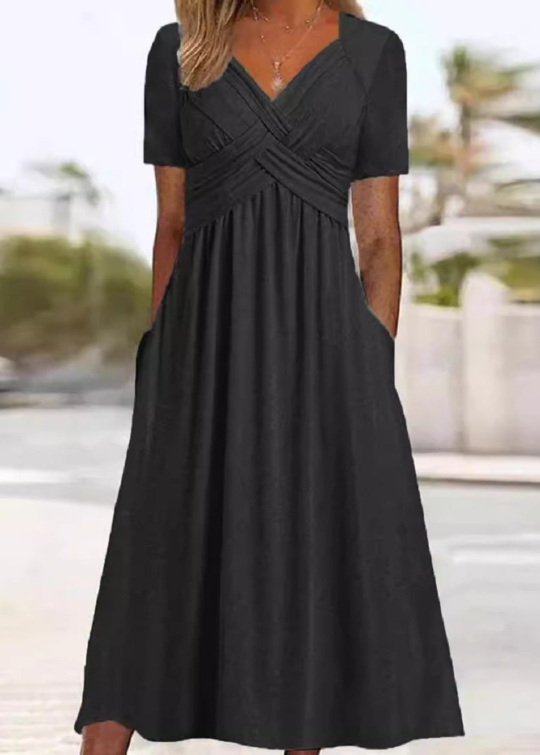 New Green V Neck Pockets Cotton Long Dress Summer Qa026