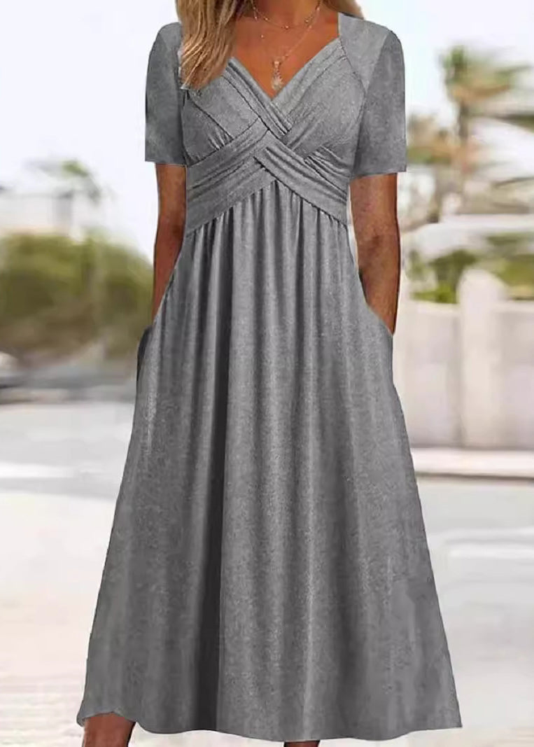 New Green V Neck Pockets Cotton Long Dress Summer Qa026