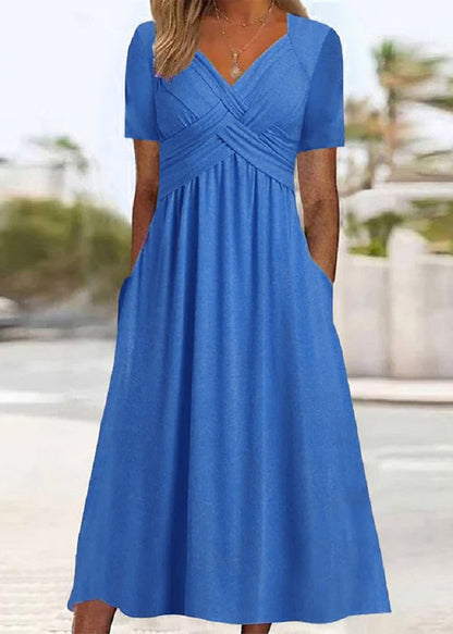 New Green V Neck Pockets Cotton Long Dress Summer Qa026