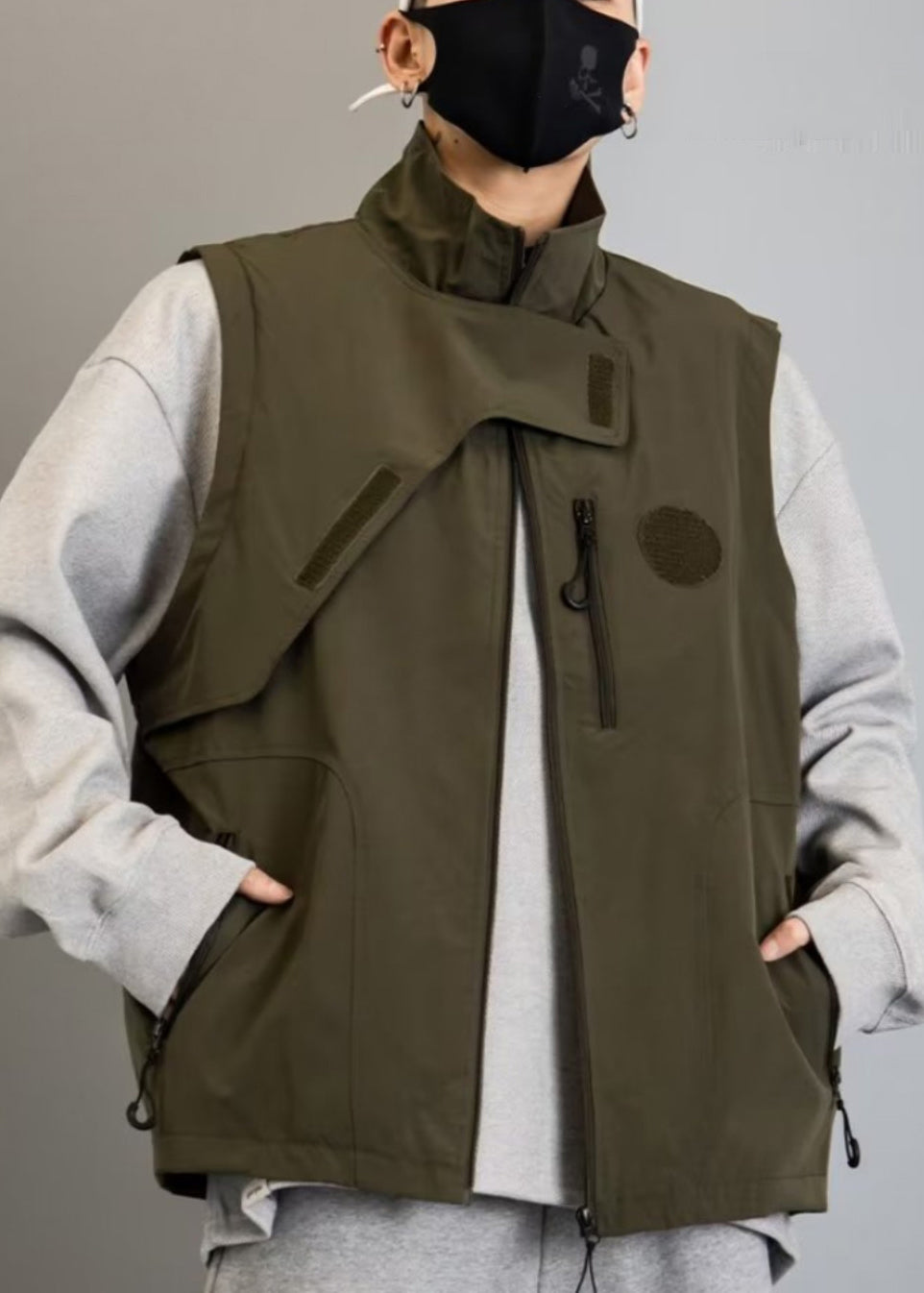 New Green Zip Up Pockets Cotton Waistcoat Spring Rn011
