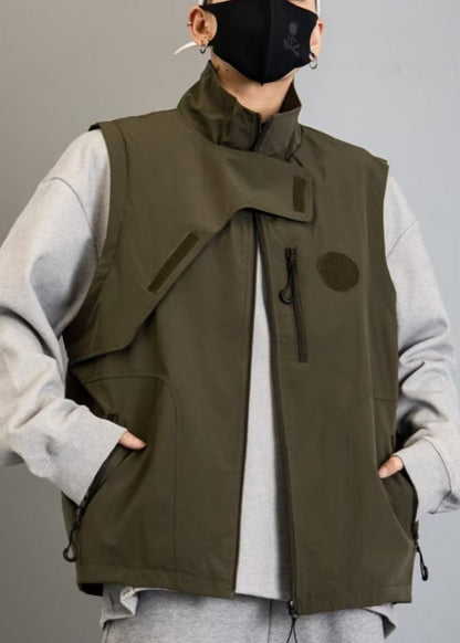 New Green Zip Up Pockets Cotton Waistcoat Spring Rn011