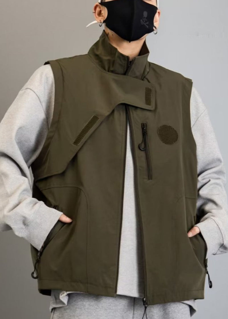 New Green Zip Up Pockets Cotton Waistcoat Spring Rn011
