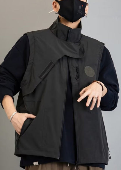 New Green Zip Up Pockets Cotton Waistcoat Spring Rn011