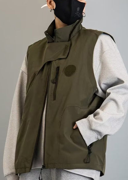 New Green Zip Up Pockets Cotton Waistcoat Spring Rn011