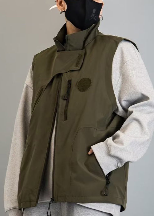 New Green Zip Up Pockets Cotton Waistcoat Spring Rn011