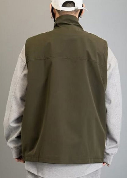 New Green Zip Up Pockets Cotton Waistcoat Spring Rn011