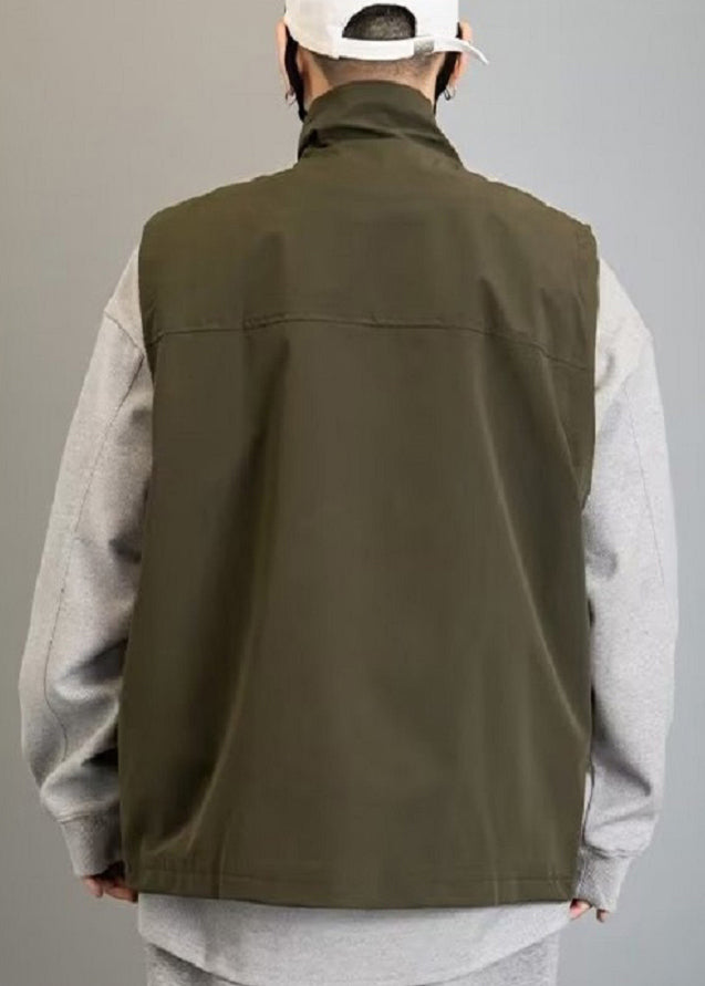 New Green Zip Up Pockets Cotton Waistcoat Spring Rn011