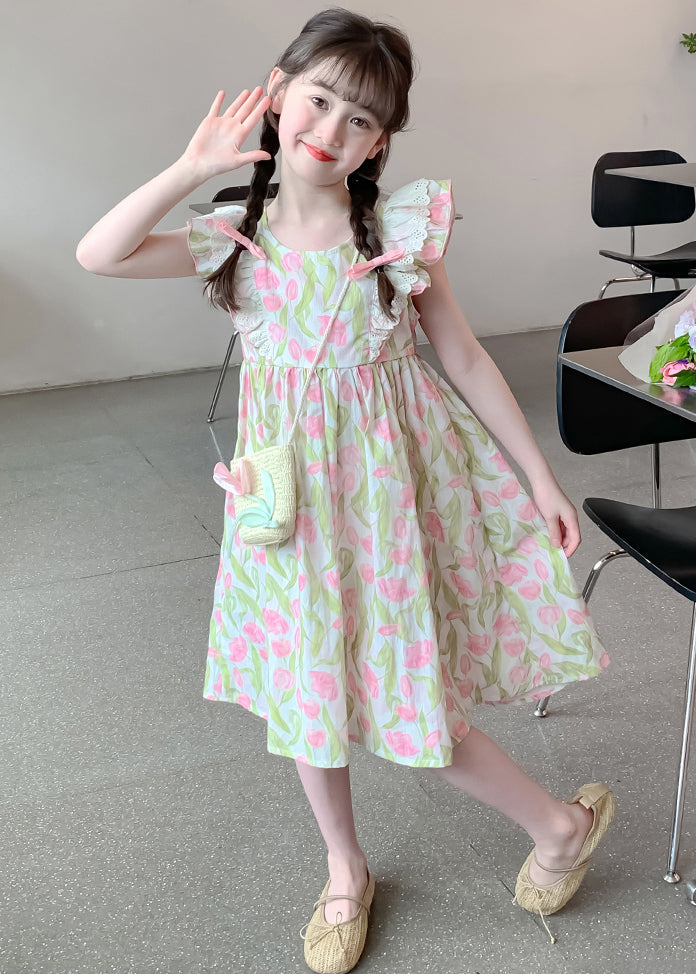 New Green Zippered Print Cotton Long Dress Summer Ew058