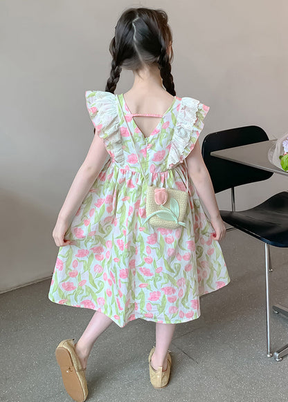 New Green Zippered Print Cotton Long Dress Summer Ew058