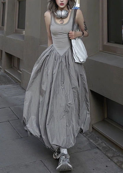 New Grey Backless Patchwork Cotton Long Dresses Sleeveless Pp030