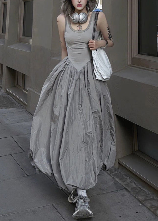 New Grey Backless Patchwork Cotton Long Dresses Sleeveless Pp030