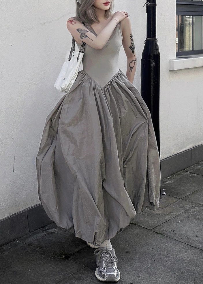 New Grey Backless Patchwork Cotton Long Dresses Sleeveless Pp030