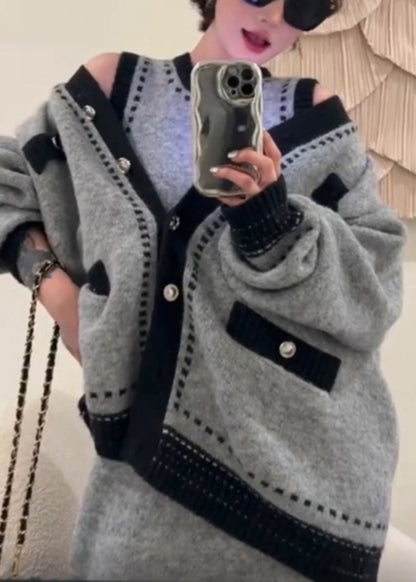 New Grey Button Cardigans and Dresses Knit Two Pieces Set Winter Wq047