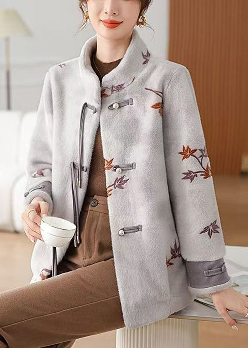 New Grey Button Pockets Mink Velvet Coat Winter Rc012