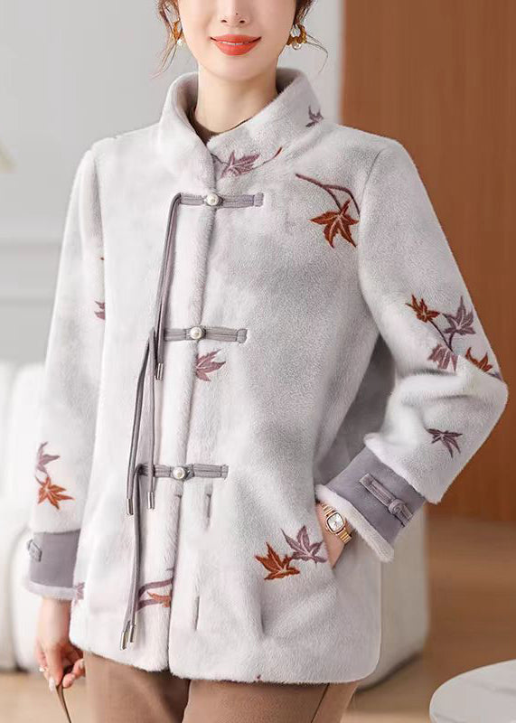 New Grey Button Pockets Mink Velvet Coat Winter Rc012