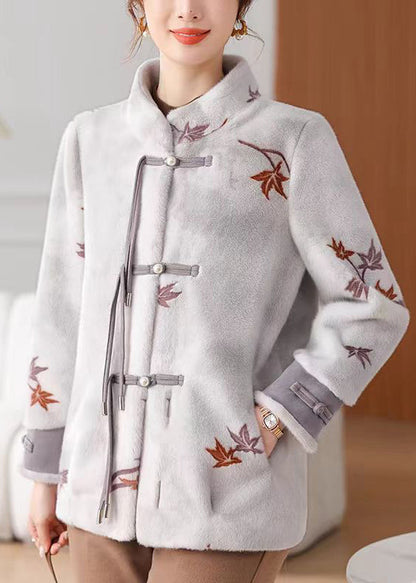 New Grey Button Pockets Mink Velvet Coat Winter Rc012