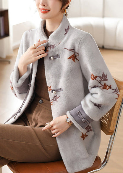 New Grey Button Pockets Mink Velvet Coat Winter Rc012