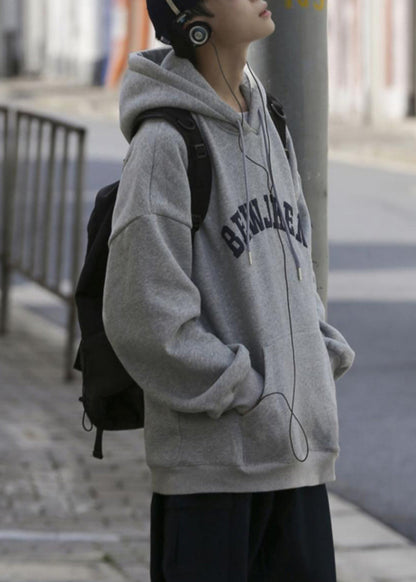 New Grey Hooded Print Pockets Cotton Sweatshirts Spring Yq031