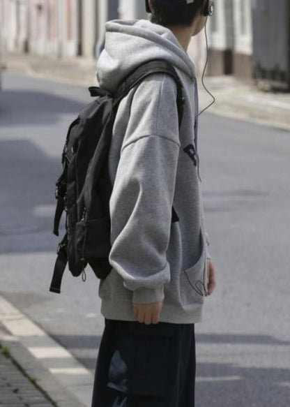 New Grey Hooded Print Pockets Cotton Sweatshirts Spring Yq031
