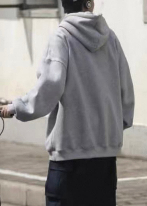 New Grey Hooded Print Pockets Cotton Sweatshirts Spring Yq031