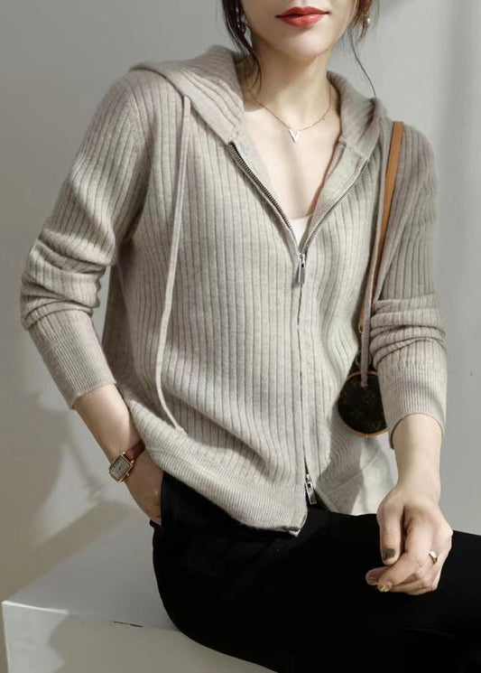 New Grey Hooded Zippered Cozy Knit Coat Fall Qi015
