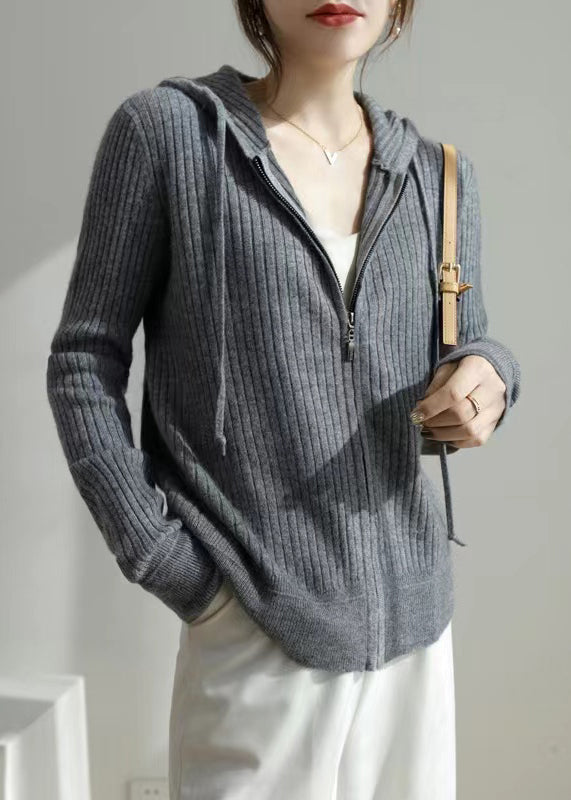 New Grey Hooded Zippered Cozy Knit Coat Fall Qi015