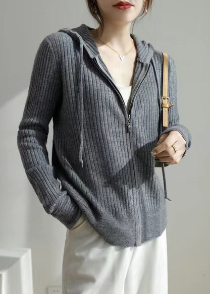 New Grey Hooded Zippered Cozy Knit Coat Fall Qi015
