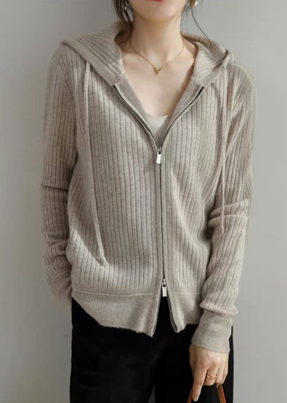New Grey Hooded Zippered Cozy Knit Coat Fall Qi015