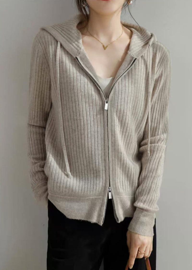 New Grey Hooded Zippered Cozy Knit Coat Fall Qi015