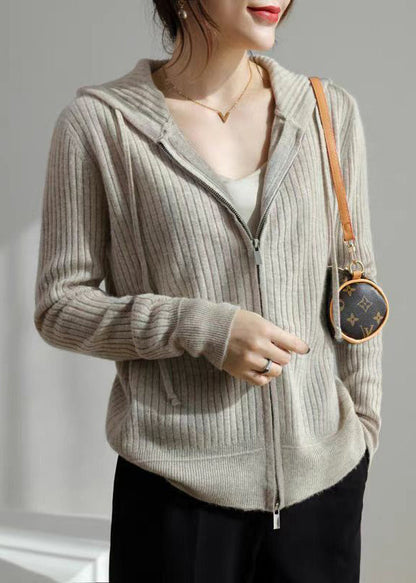 New Grey Hooded Zippered Cozy Knit Coat Fall Qi015