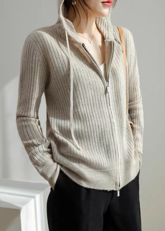 New Grey Hooded Zippered Cozy Knit Coat Fall Qi015