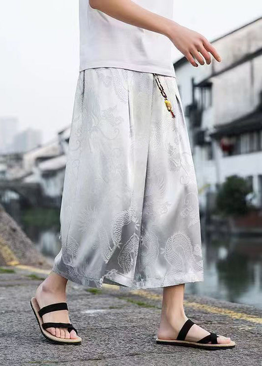 New Grey Pockets Print Ice Silk Crop Pants Clothing Summer Sa056