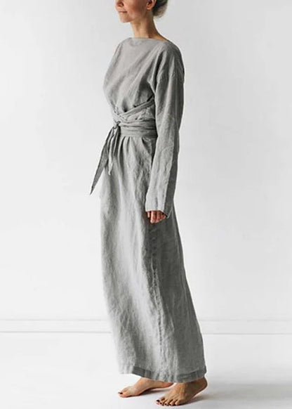 New Grey Tie Waist Cotton Long Dress Long Sleeve Ff042